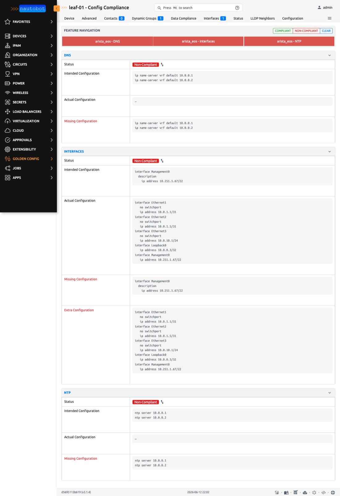 Golden Config compliance diff showing intended versus actual configuration