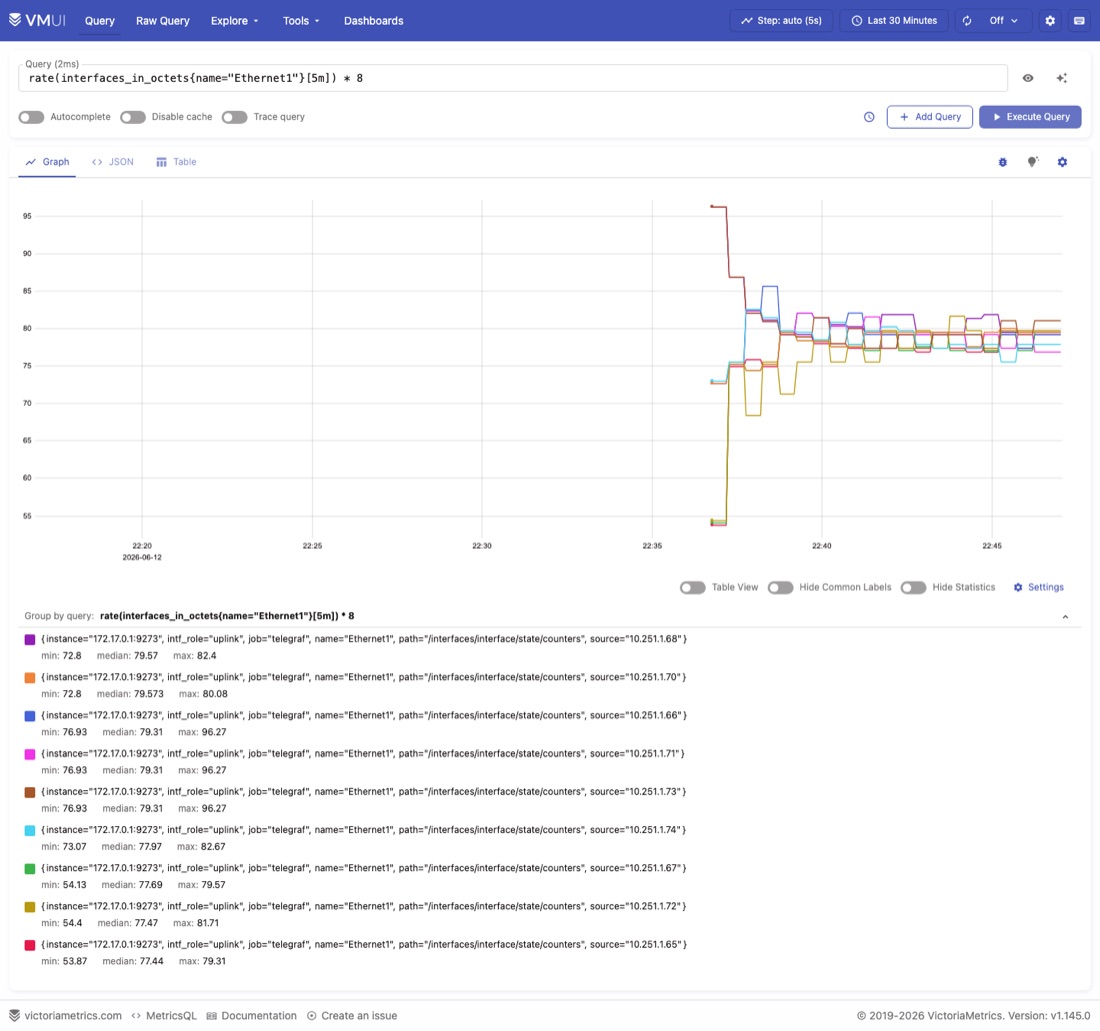 VictoriaMetrics VMUI graphing interface traffic with a PromQL query