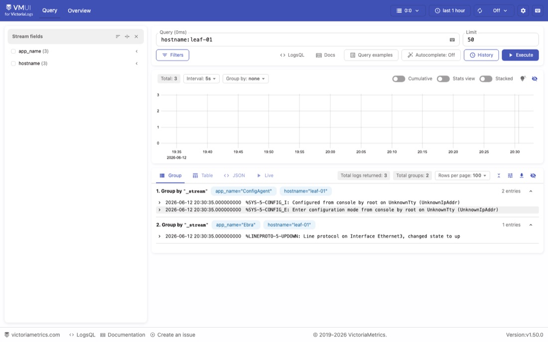 VictoriaLogs UI showing structured device syslog events